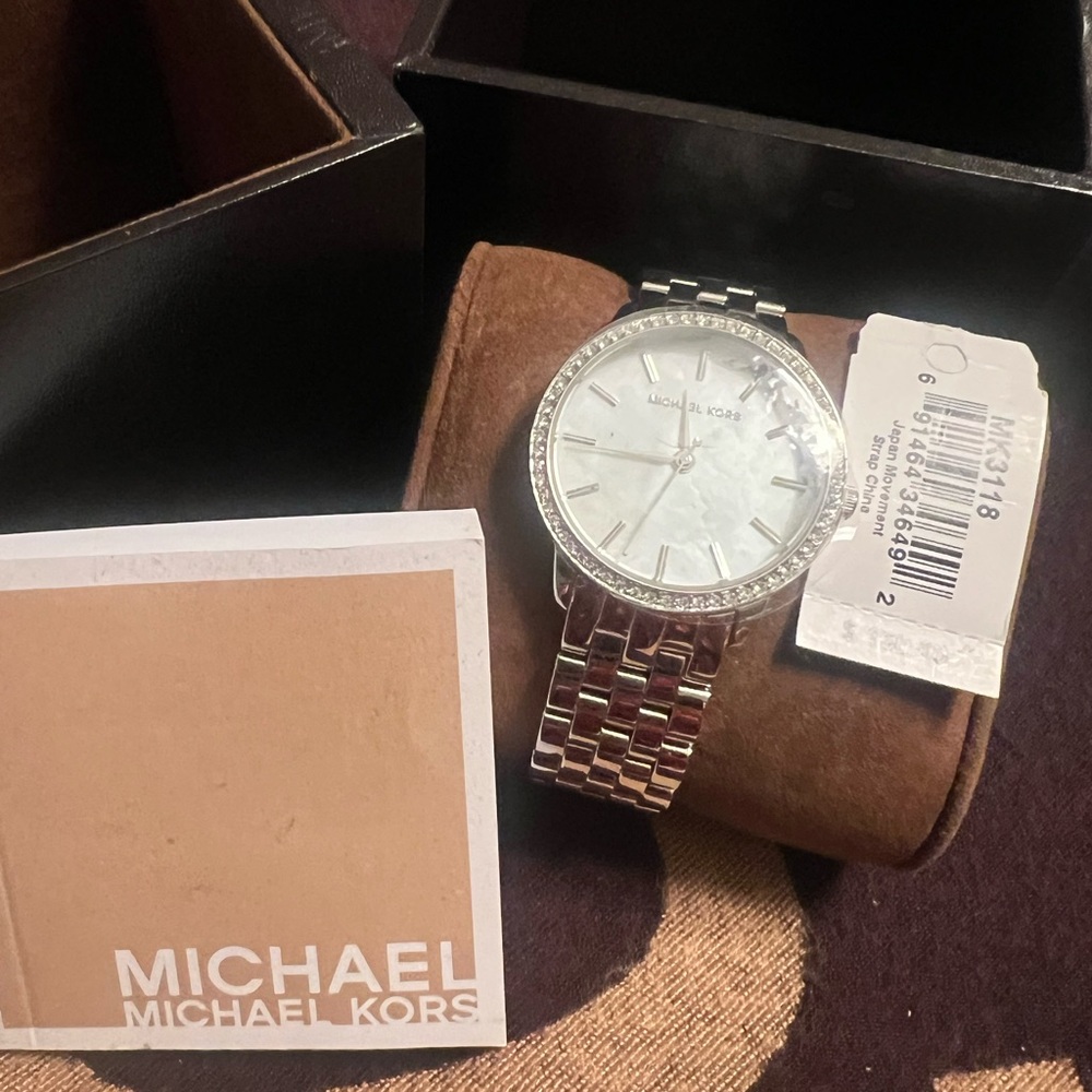 Michael Kors Silver Tone Crystal-Trim Mother-of-Pearl Dial Watch